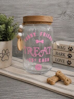 Farmhouse Glass Dog Treat Jar with Wooden Lid | Pink Lettering | Brand New
